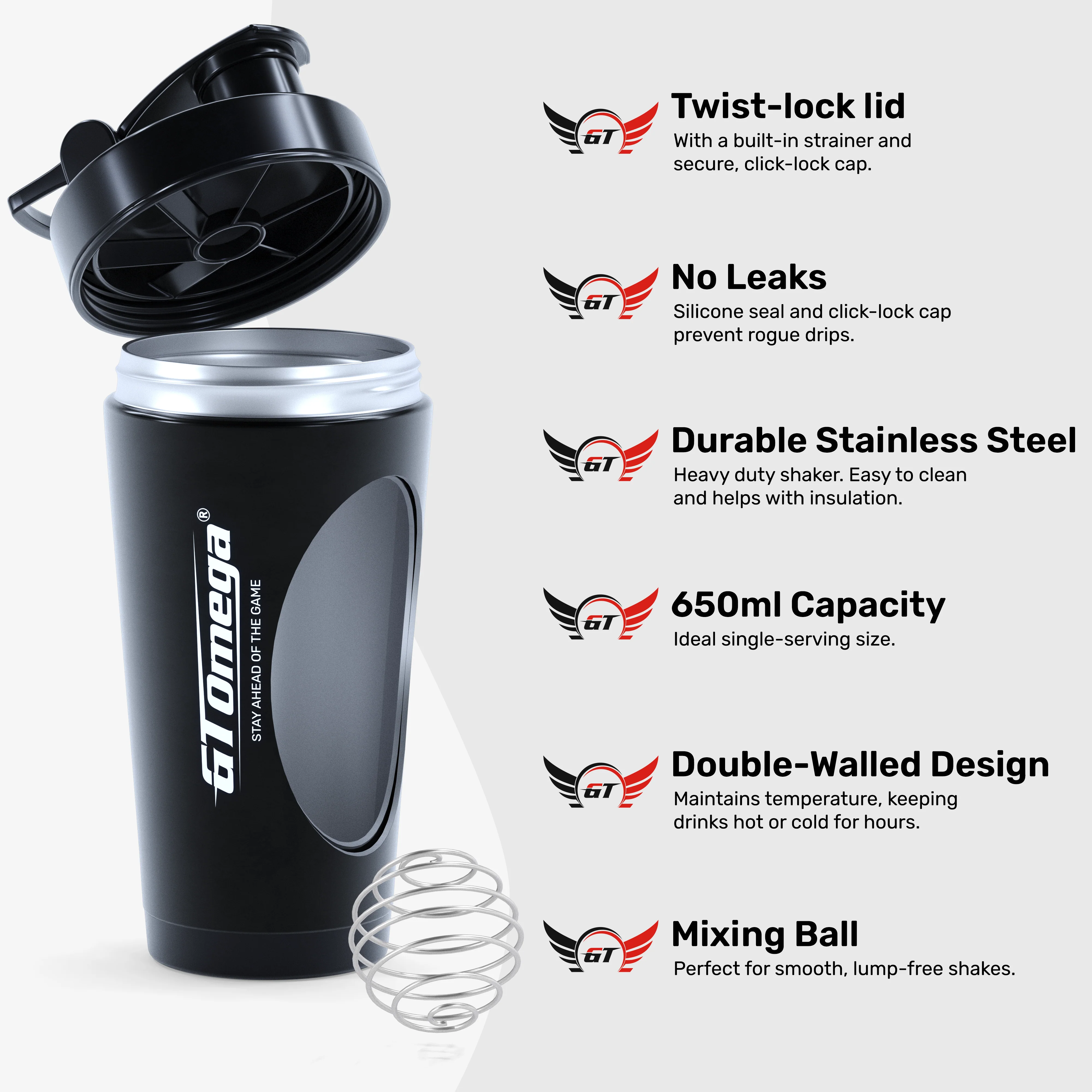 GT Omega Insulated Stainless Steel Shaker - 650ml - Image 3